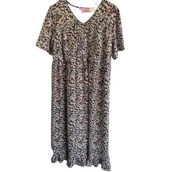 Woman Within Beige Floral Midi Dress Size 18W Short Sleeve V Neck Ruffle Hem - Picture 1 of 5
